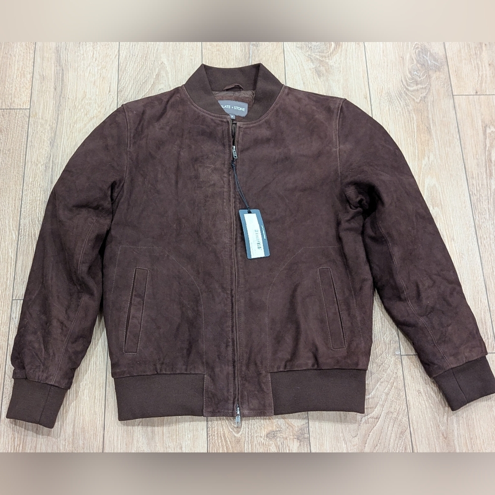 $598 Mens Slate & Stone Suede Bomber Jacket Chocolate Brown XL